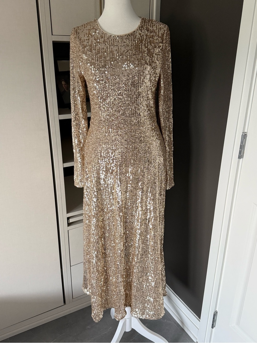 Ann Taylor Long-Sleeve Gold Sequin Gown